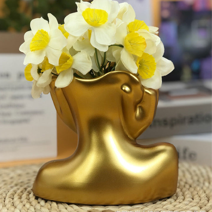 Gold Resin Human Face Flower Vase