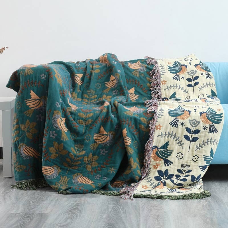 Reversible Teal Bird Throw Blanket