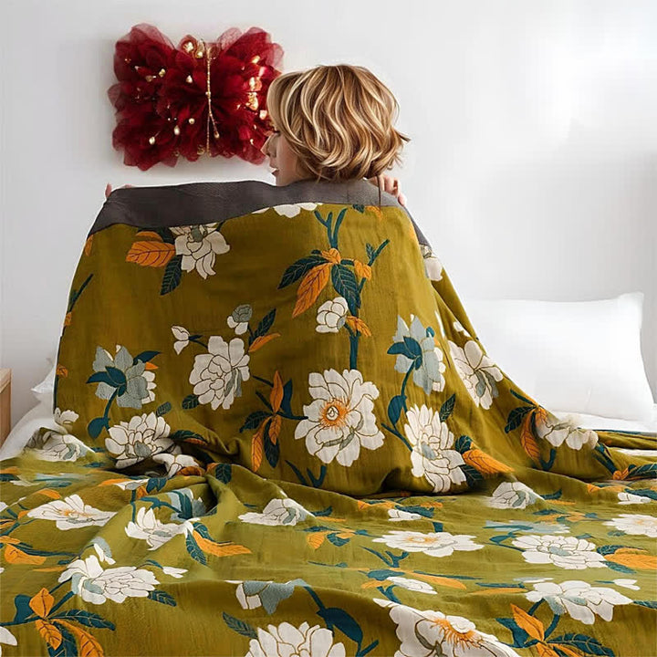 Olive Floral Cotton Woven Quilt