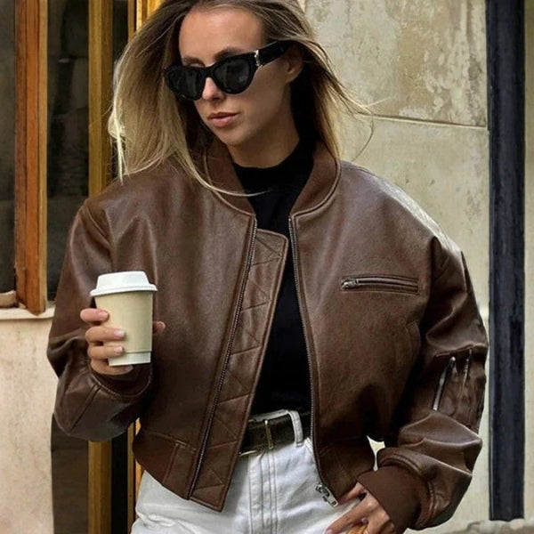 Bologna Cropped Faux Leather Bomber