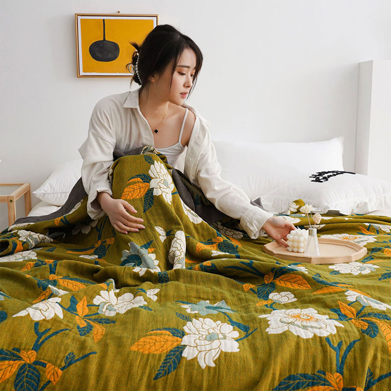 Olive Floral Cotton Woven Quilt