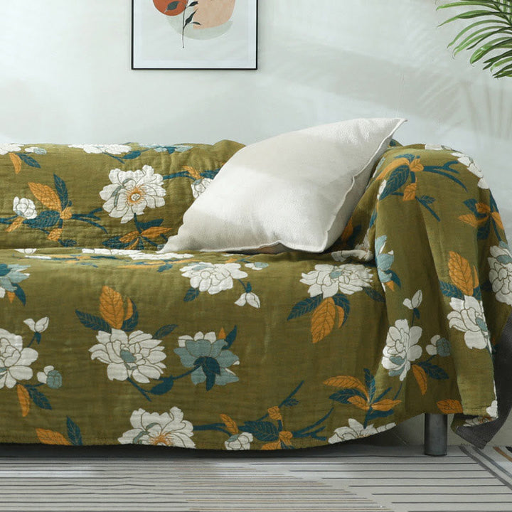 Olive Floral Cotton Woven Quilt