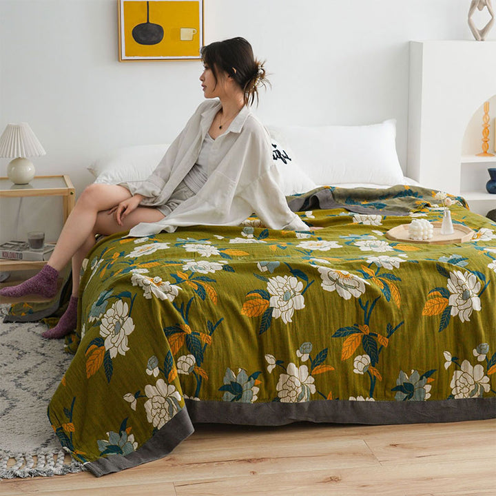 Olive Floral Cotton Woven Quilt