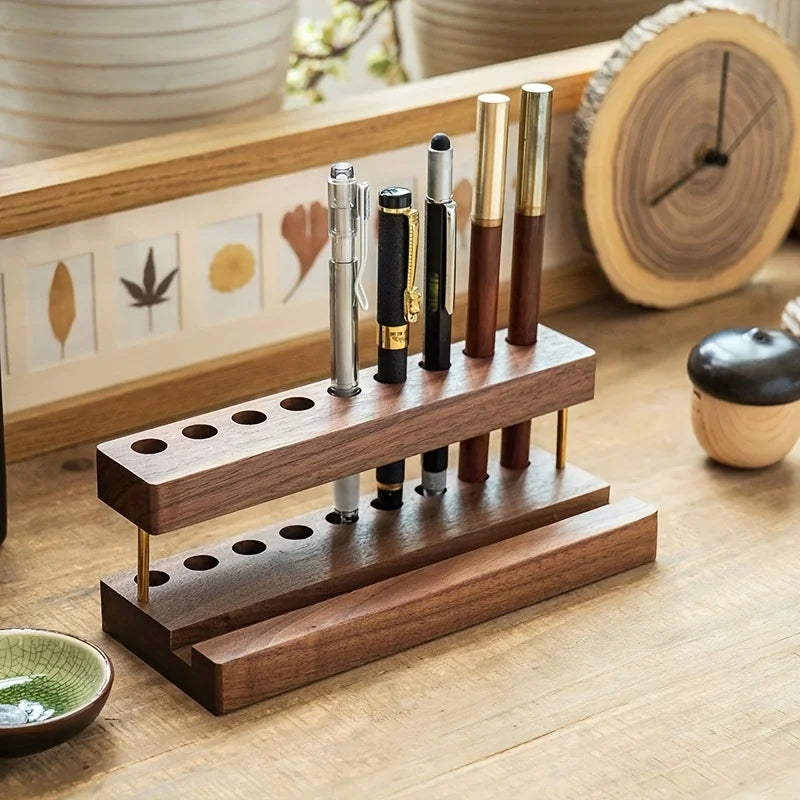 Solid Walnut Wood Desk Organizer – Multi-Slot Pen Stand with Phone Holder for Minimalist Workspaces