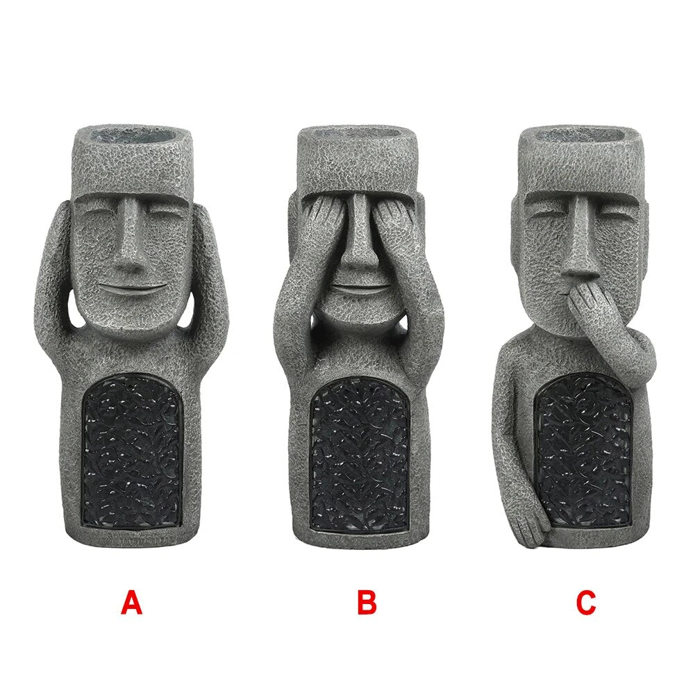 Solar Resin Moai Garden Statue with Planter & LED Light