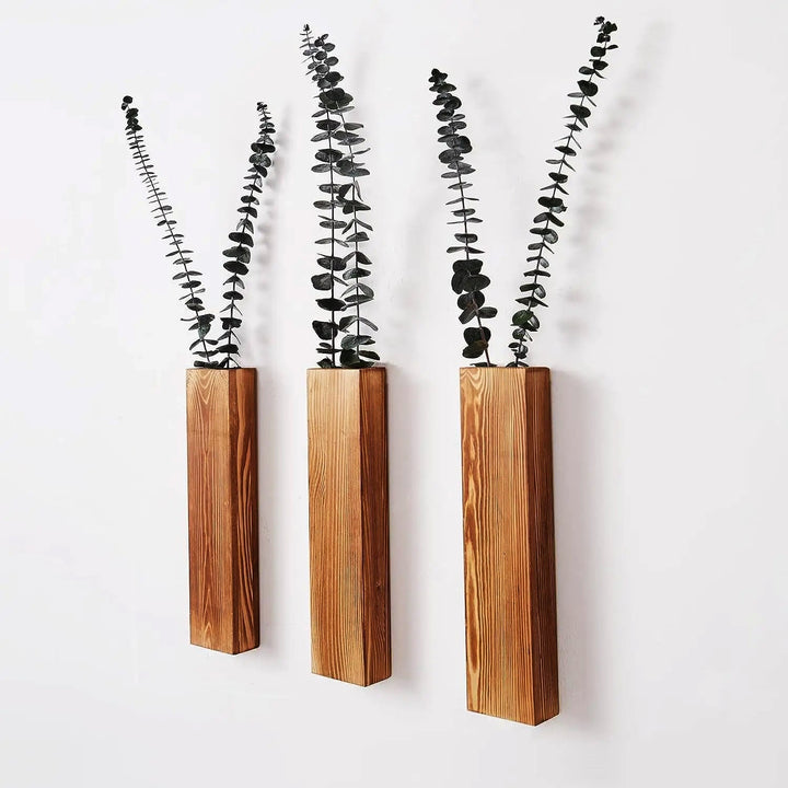 Vertical Wooden Wall-Mounted Vase – Minimal Rustic Flower Holder