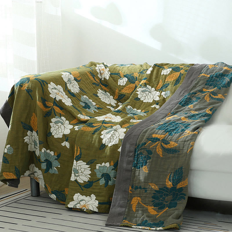 Olive Floral Cotton Woven Quilt