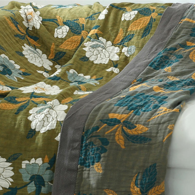 Olive Floral Cotton Woven Quilt
