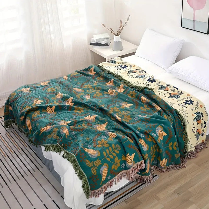 Reversible Teal Bird Throw Blanket