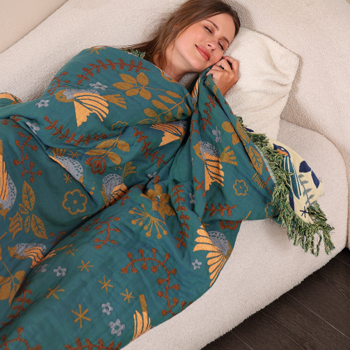 Reversible Teal Bird Throw Blanket